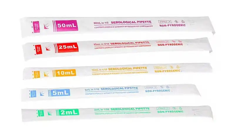 Serological pipettes packaged in paper-plastic wrap