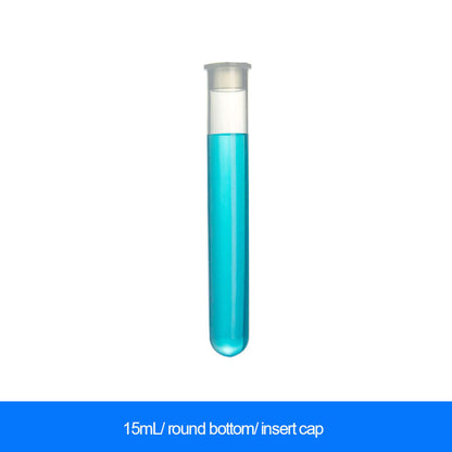 15mL round bottom centrifuge tube with insert cap filled with blue liquid for laboratory use.