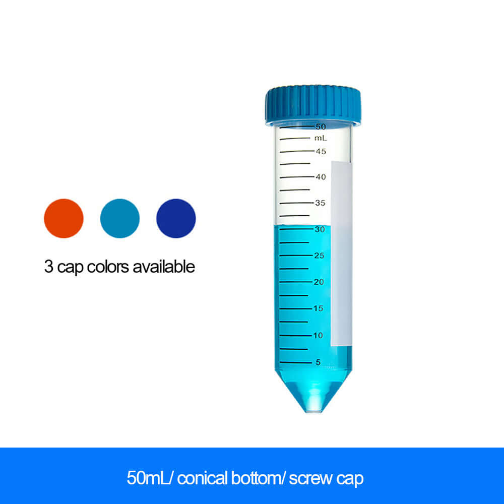 50mL conical bottom centrifuge tube with blue screw cap filled with blue liquid