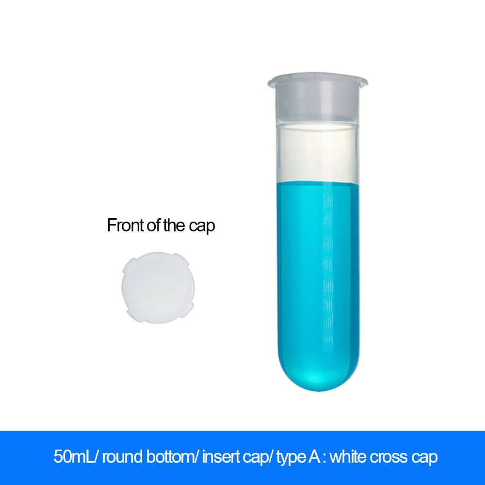 50mL round bottom centrifuge tube with insert cap and white cross cap, filled with blue liquid