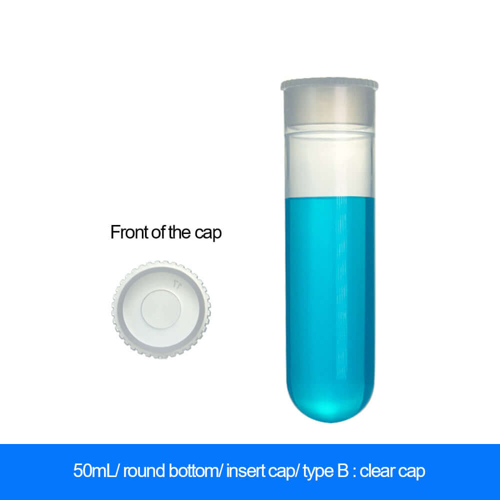 50mL round-bottom centrifuge tube with clear insert cap filled with blue liquid.