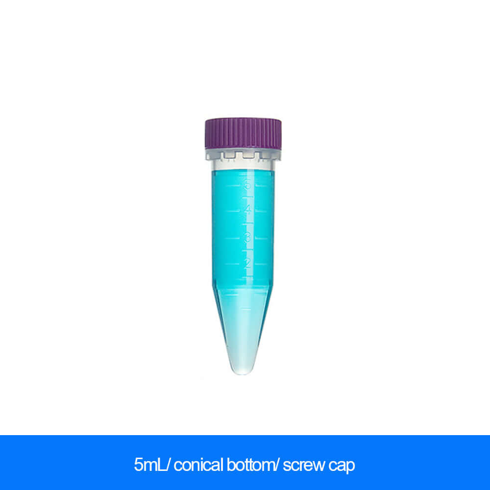 5mL conical bottom centrifuge tube with purple screw cap with scale filled with blue liquid