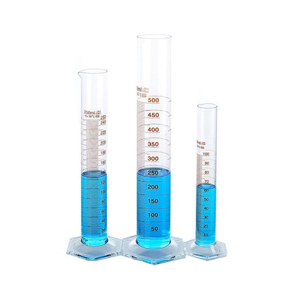 Glass measuring cylinder with hexagonal base