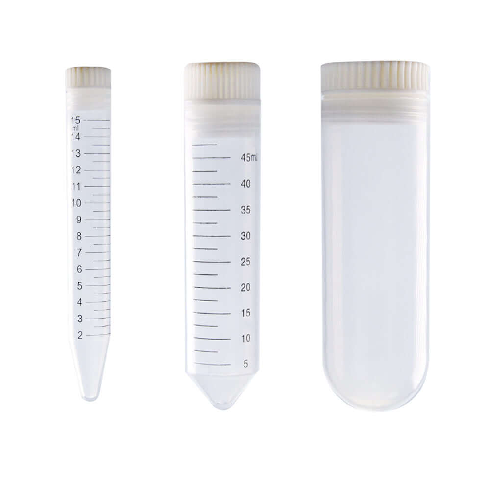 Three internal rotation centrifuge tubes with round and conical bottoms, ideal for high-speed centrifugal forces.